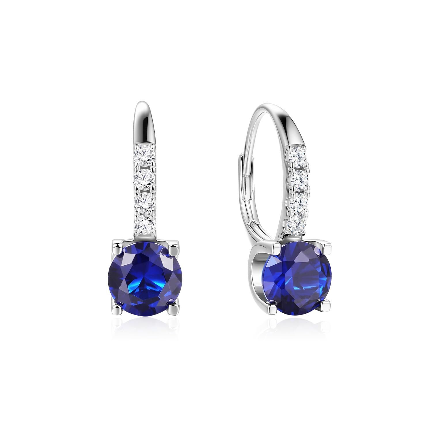925 Sterling Silver Dangle Earrings Leverback Clasp 6.5mm Sapphire